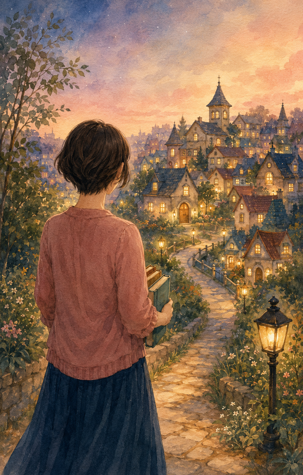本を抱え、夕暮れの物語の町を眺める町の案内人の後ろ姿