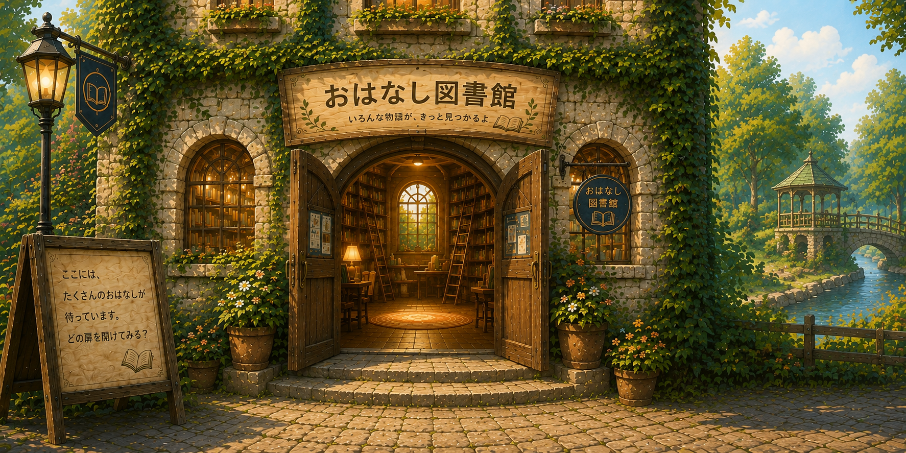 緑に囲まれた石造りのおはなし図書館。開いた扉の奥に本棚が見える