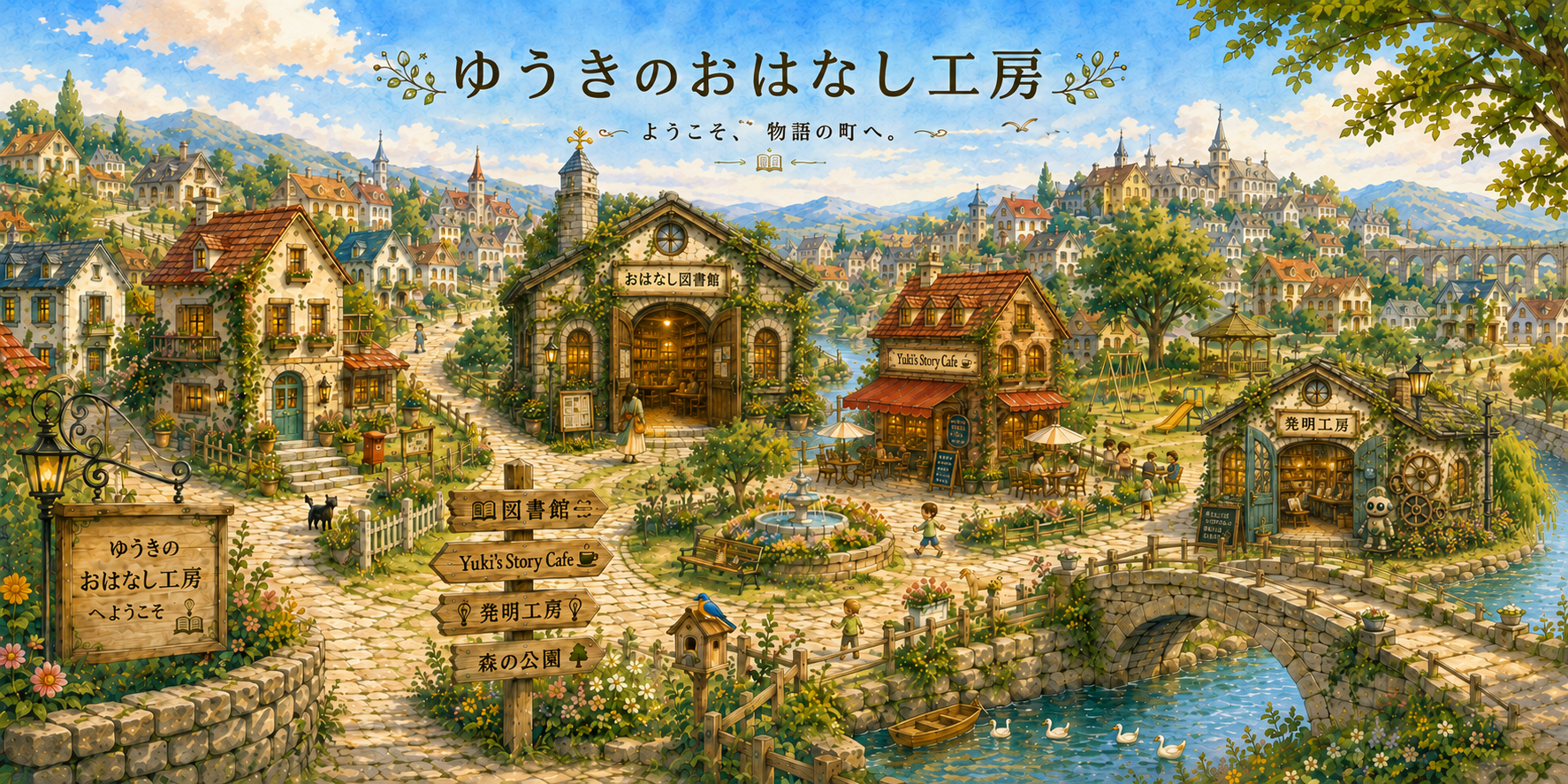 山と川に囲まれた物語の町。おはなし図書館、Yuki's Story Cafe、森の公園、発明工房が小道でつながっている